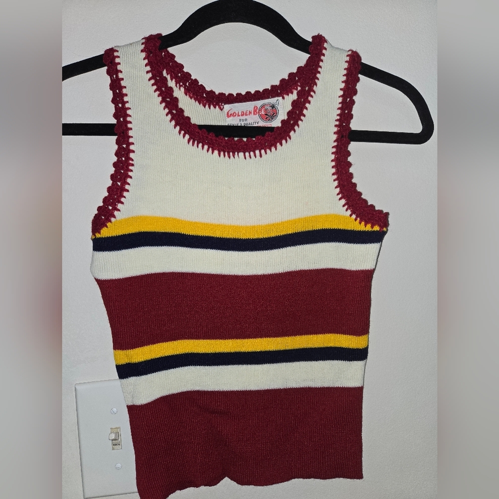 Vintage 70s Golden Bee [Small] Striped Knit Tank Crochet Trim Retro Boho Disco